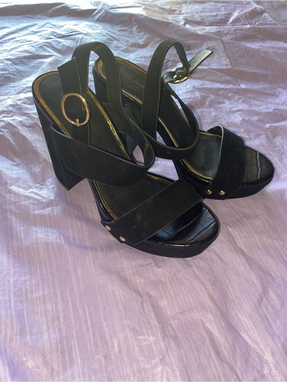 Black Suede Platform Block Heel Sandals - Women